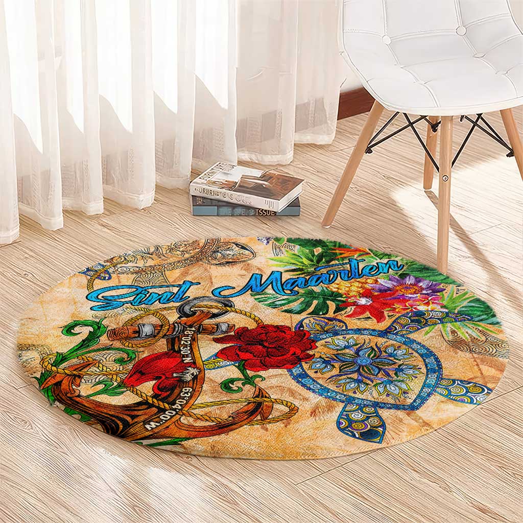 Sint Maarten Round Carpet Geographic Coordinate Anchor - Turlte Tropical