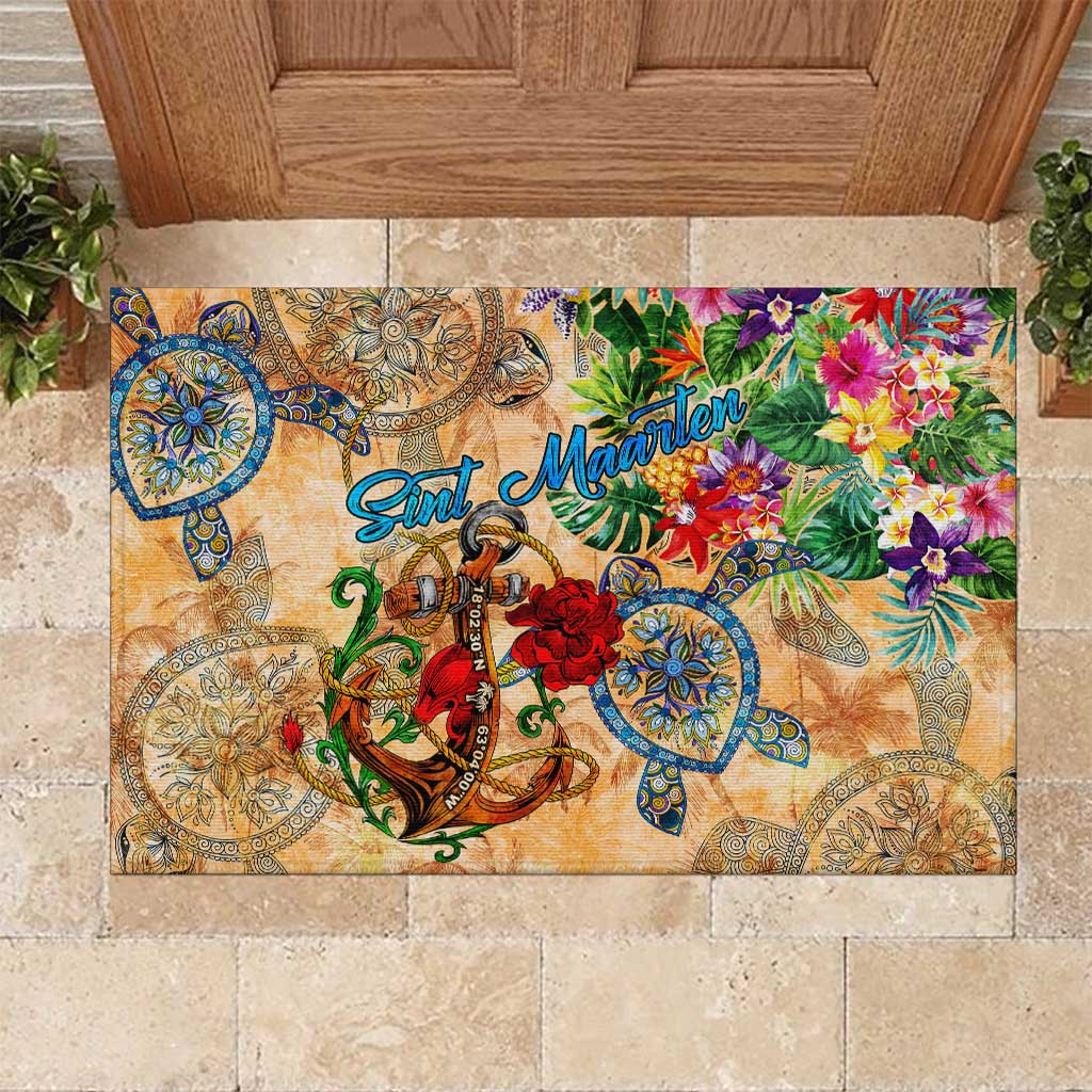 Sint Maarten Rubber Doormat Geographic Coordinate Anchor - Turlte Tropical