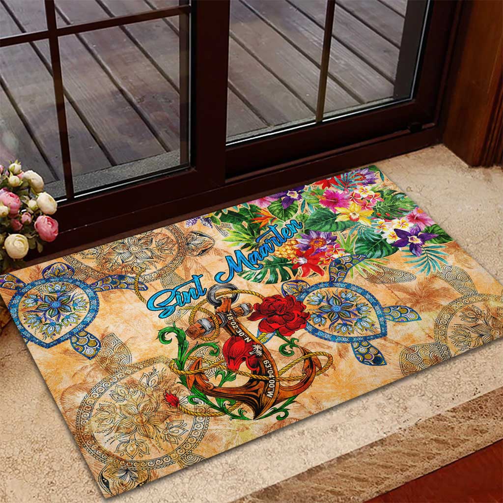 Sint Maarten Rubber Doormat Geographic Coordinate Anchor - Turlte Tropical