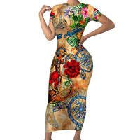 Sint Maarten Short Sleeve Bodycon Dress Geographic Coordinate Anchor - Turlte Tropical