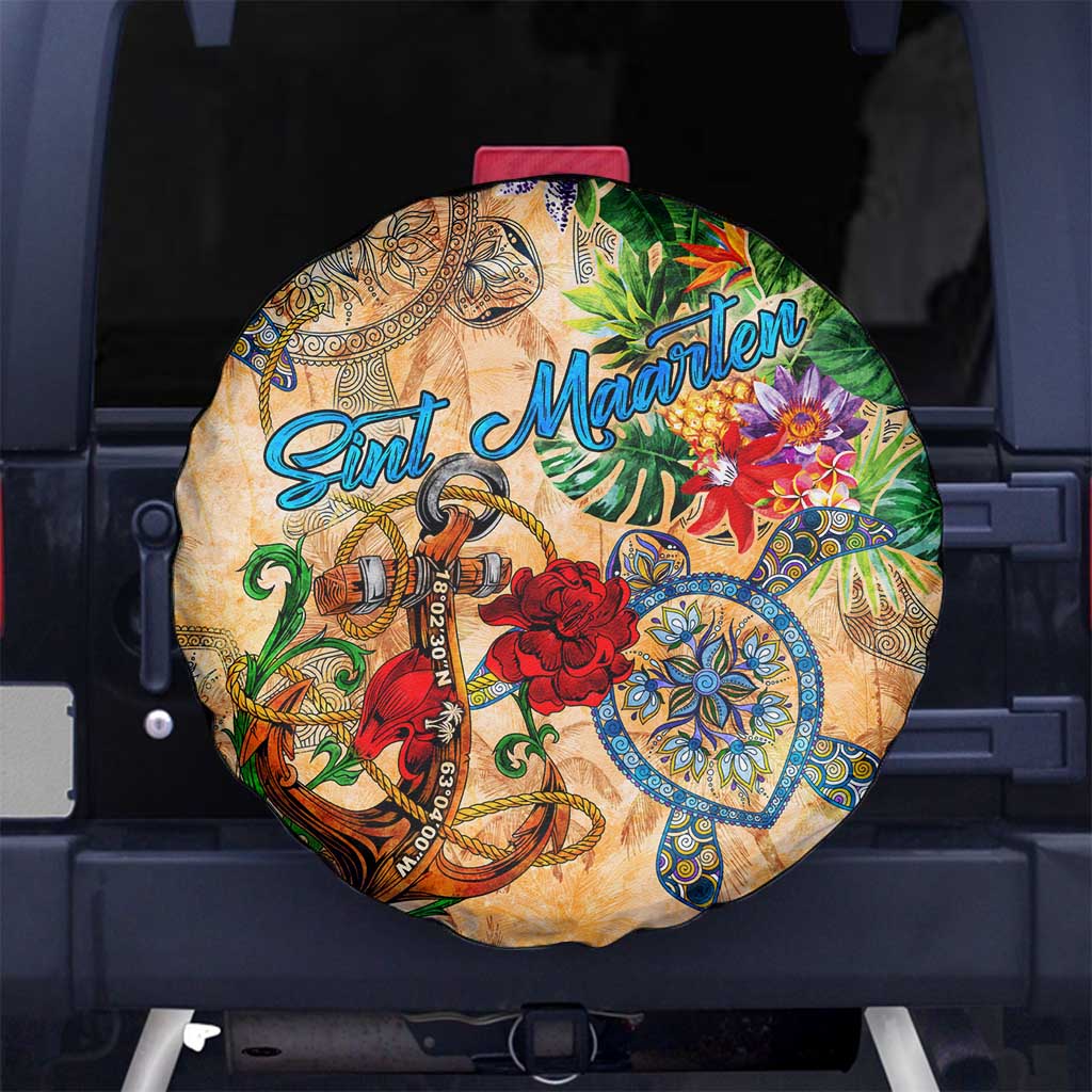 Sint Maarten Spare Tire Cover Geographic Coordinate Anchor - Turlte Tropical