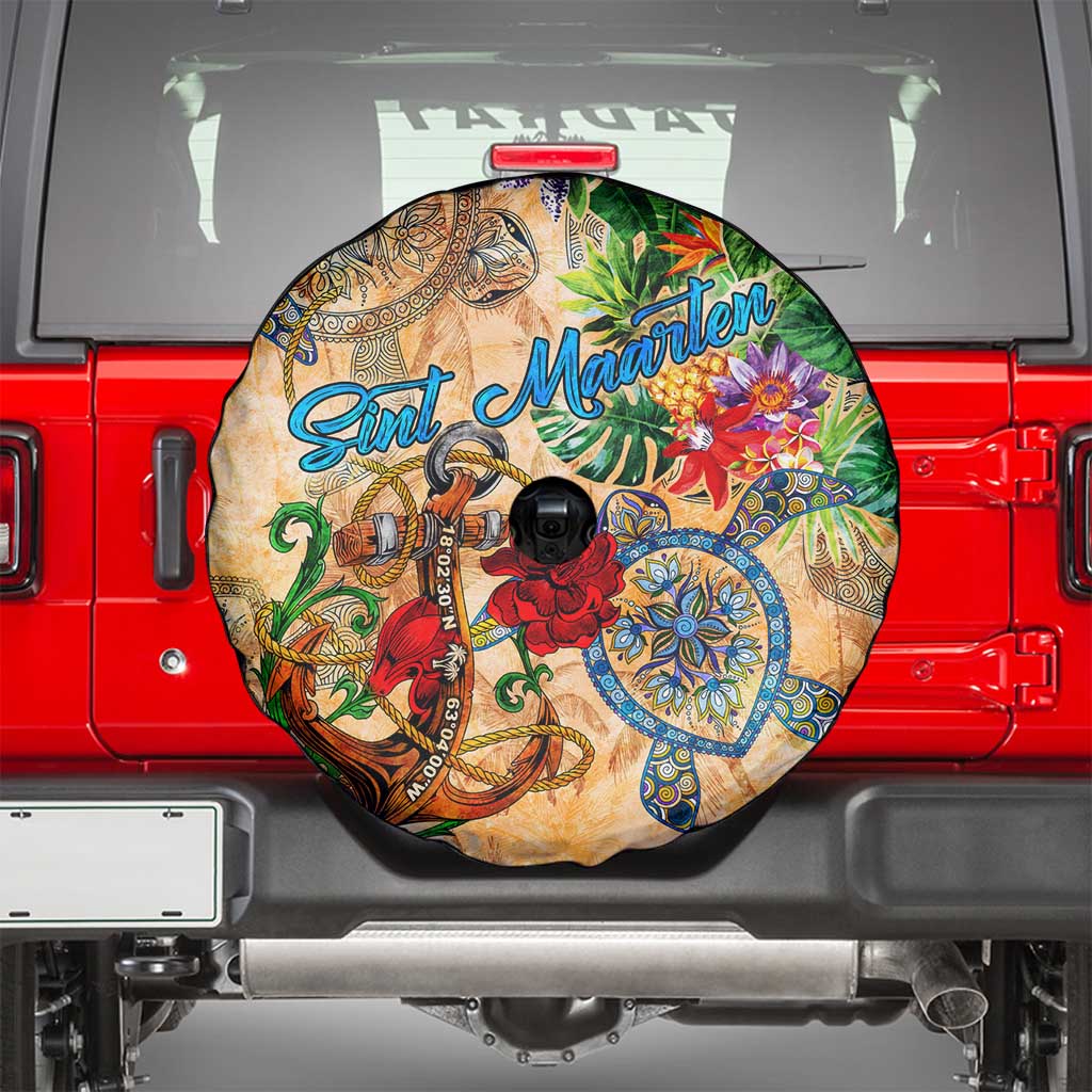 Sint Maarten Spare Tire Cover Geographic Coordinate Anchor - Turlte Tropical