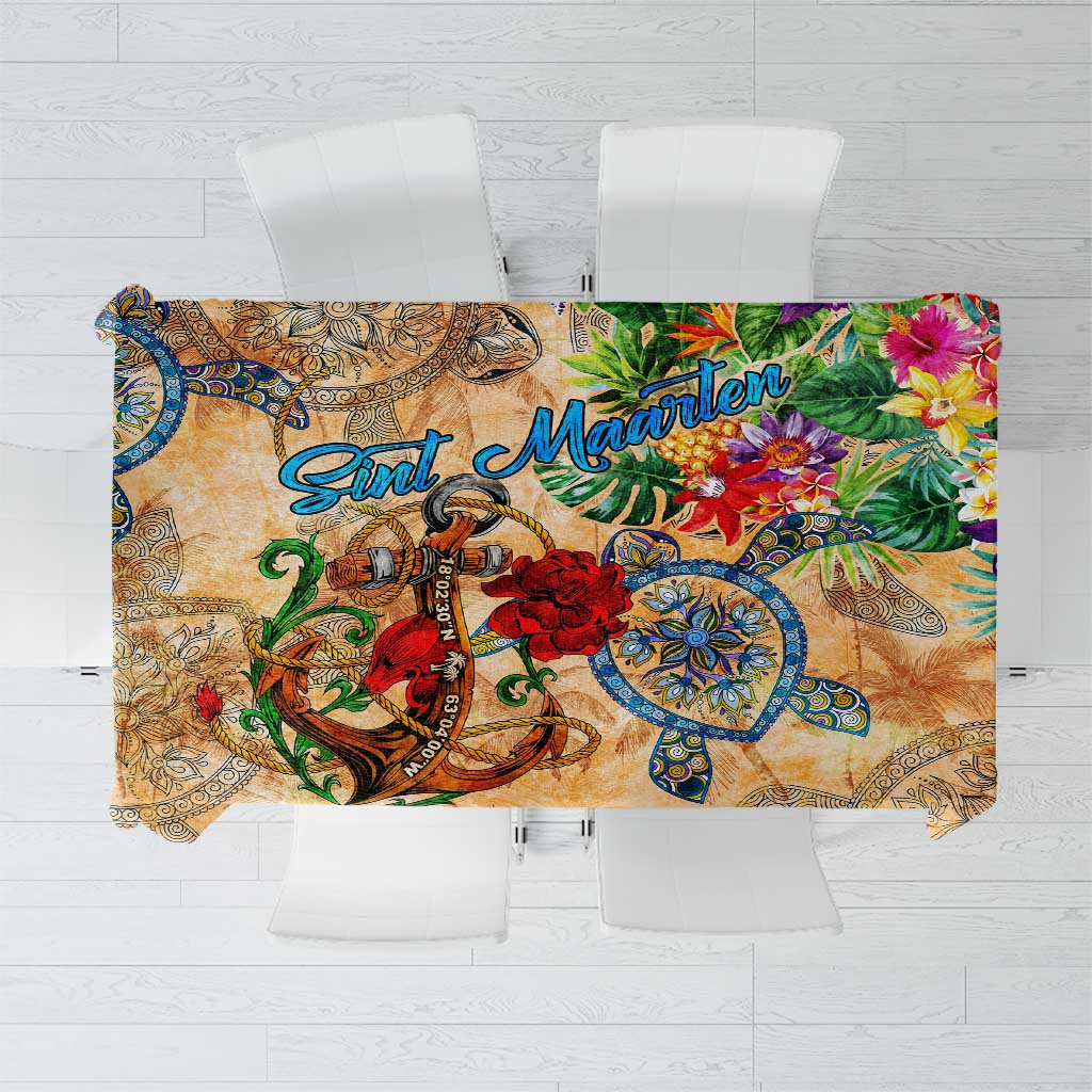 Sint Maarten Tablecloth Geographic Coordinate Anchor - Turlte Tropical