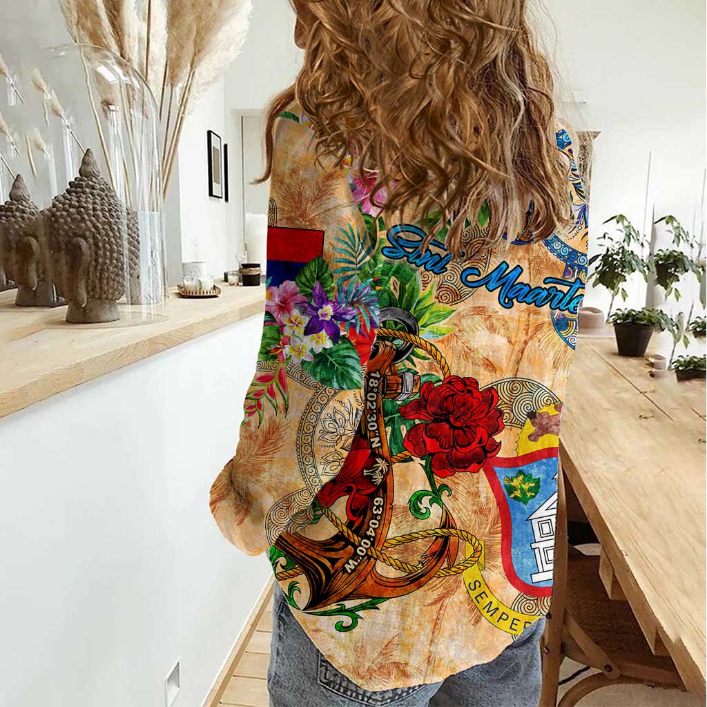 Sint Maarten Women Casual Shirt Geographic Coordinate Anchor - Turlte Tropical