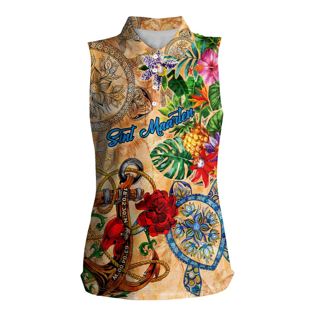 Sint Maarten Women Sleeveless Polo Shirt Geographic Coordinate Anchor - Turlte Tropical