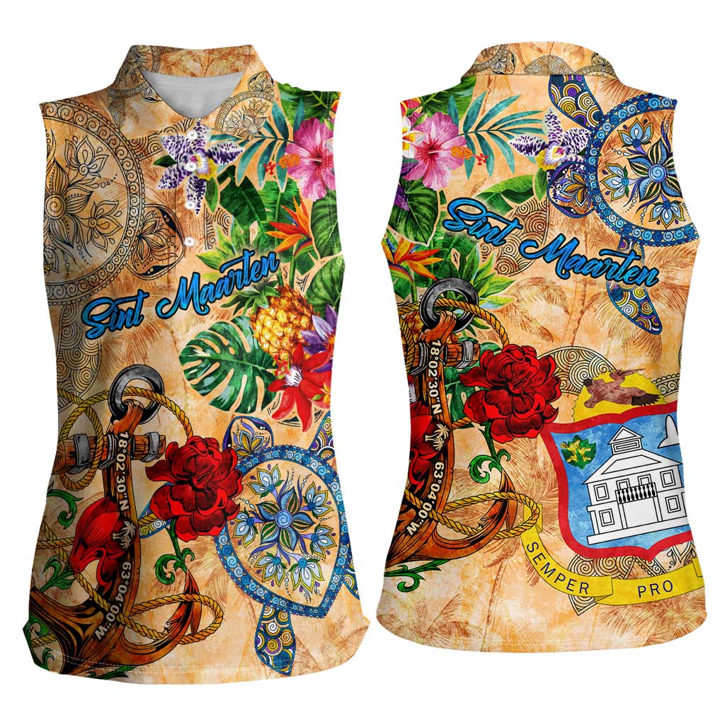 Sint Maarten Women Sleeveless Polo Shirt Geographic Coordinate Anchor - Turlte Tropical