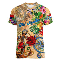 Sint Maarten Women V-Neck T-Shirt Geographic Coordinate Anchor - Turlte Tropical