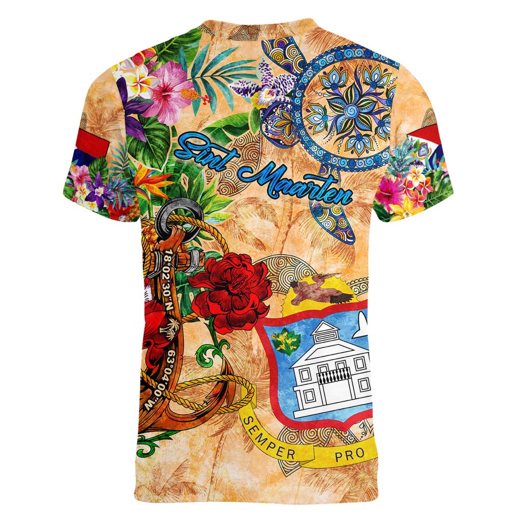 Sint Maarten Women V-Neck T-Shirt Geographic Coordinate Anchor - Turlte Tropical