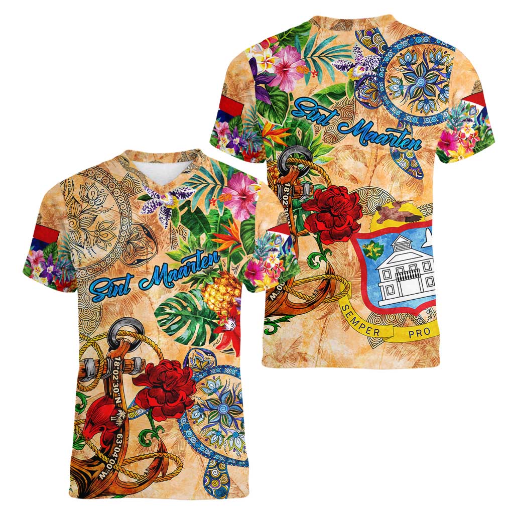 Sint Maarten Women V-Neck T-Shirt Geographic Coordinate Anchor - Turlte Tropical