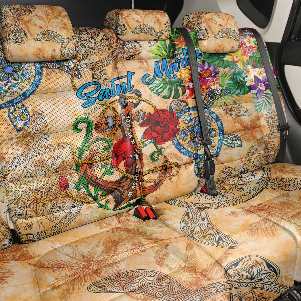 Saint Martin Back Car Seat Cover Geographic Coordinate Anchor - Turlte Tropical
