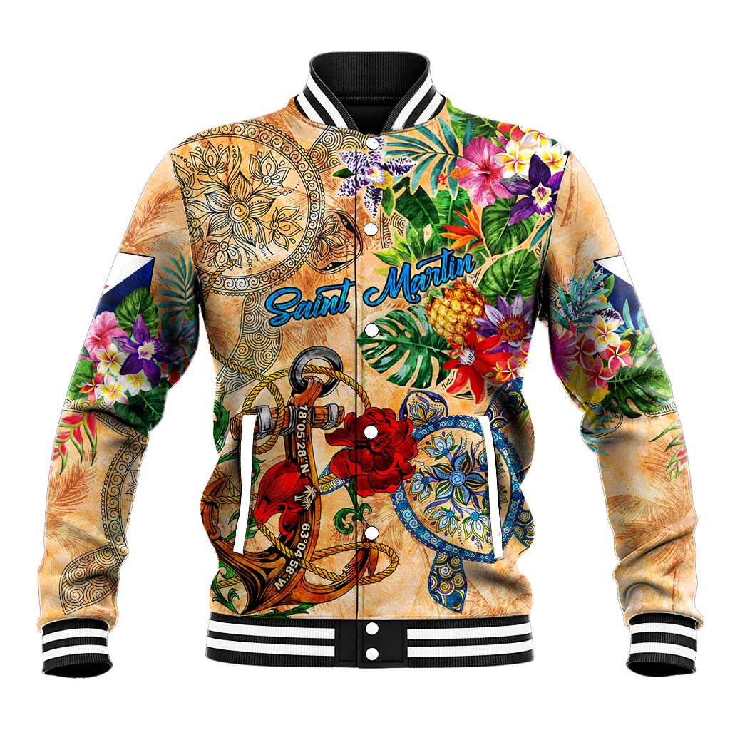 Saint Martin Baseball Jacket Geographic Coordinate Anchor - Turlte Tropical