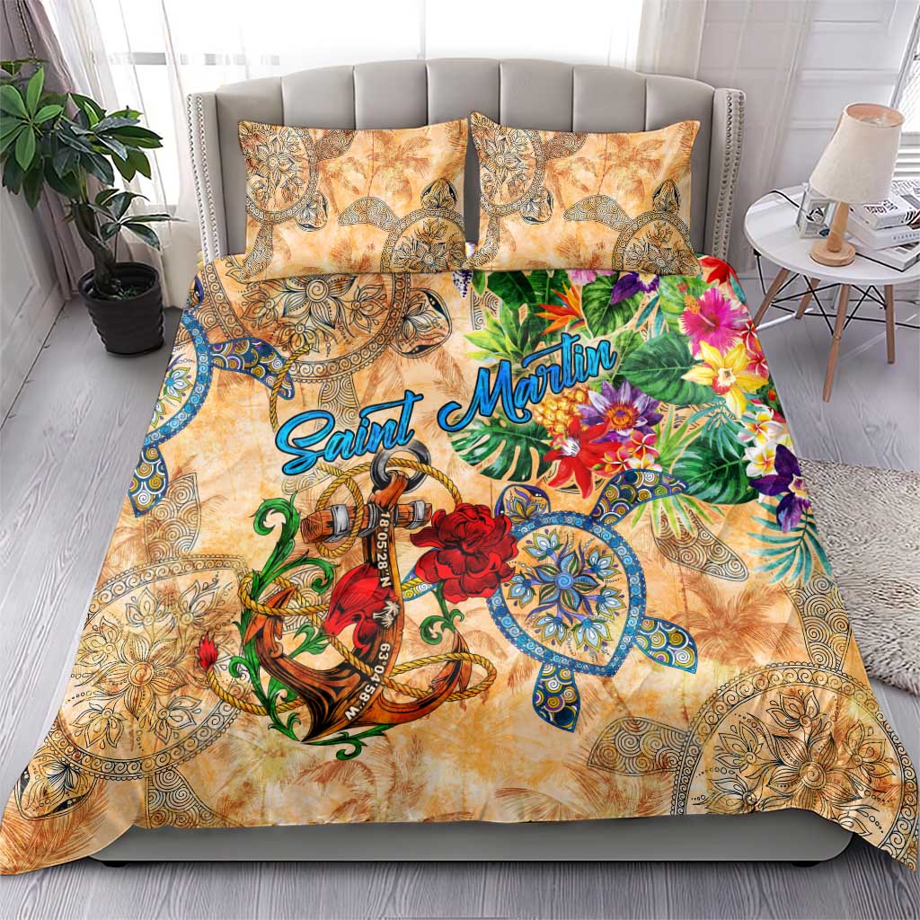 Saint Martin Bedding Set Geographic Coordinate Anchor - Turlte Tropical