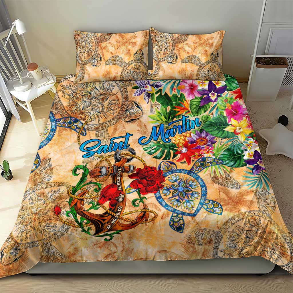 Saint Martin Bedding Set Geographic Coordinate Anchor - Turlte Tropical