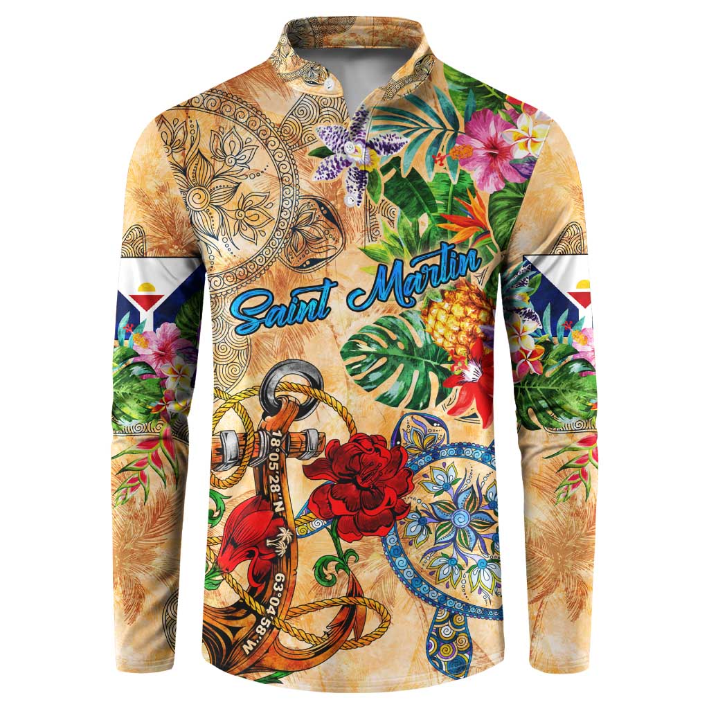 Saint Martin Button Sweatshirt Geographic Coordinate Anchor - Turlte Tropical