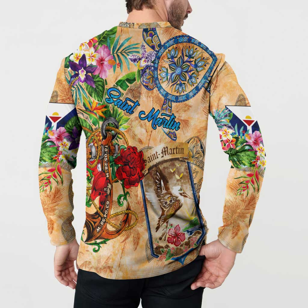 Saint Martin Button Sweatshirt Geographic Coordinate Anchor - Turlte Tropical