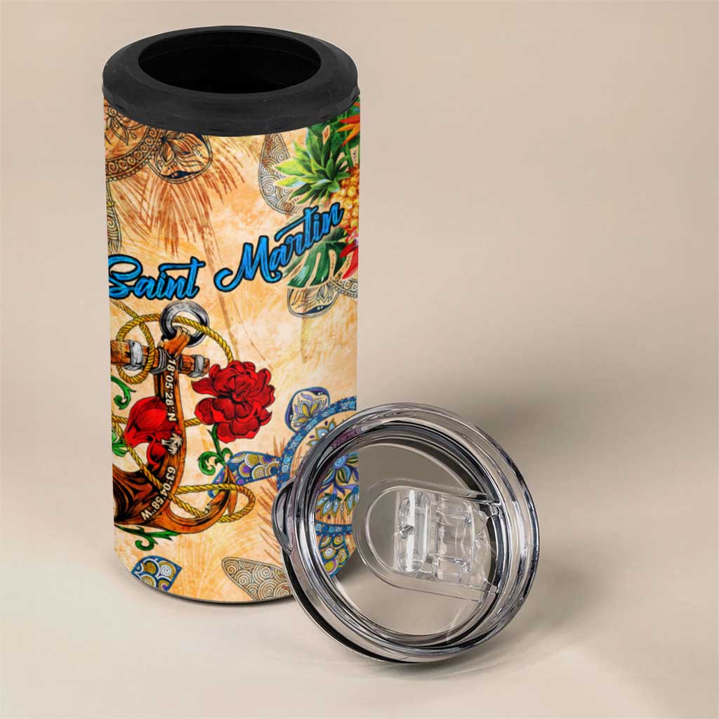 Saint Martin 4 in 1 Can Cooler Tumbler Geographic Coordinate Anchor - Turlte Tropical