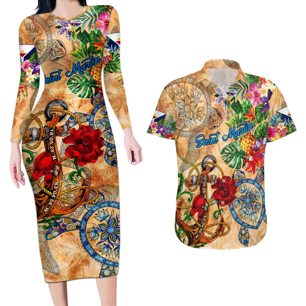 Saint Martin Couples Matching Long Sleeve Bodycon Dress and Hawaiian Shirt Geographic Coordinate Anchor - Turlte Tropical