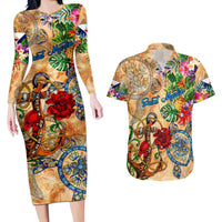Saint Martin Couples Matching Long Sleeve Bodycon Dress and Hawaiian Shirt Geographic Coordinate Anchor - Turlte Tropical