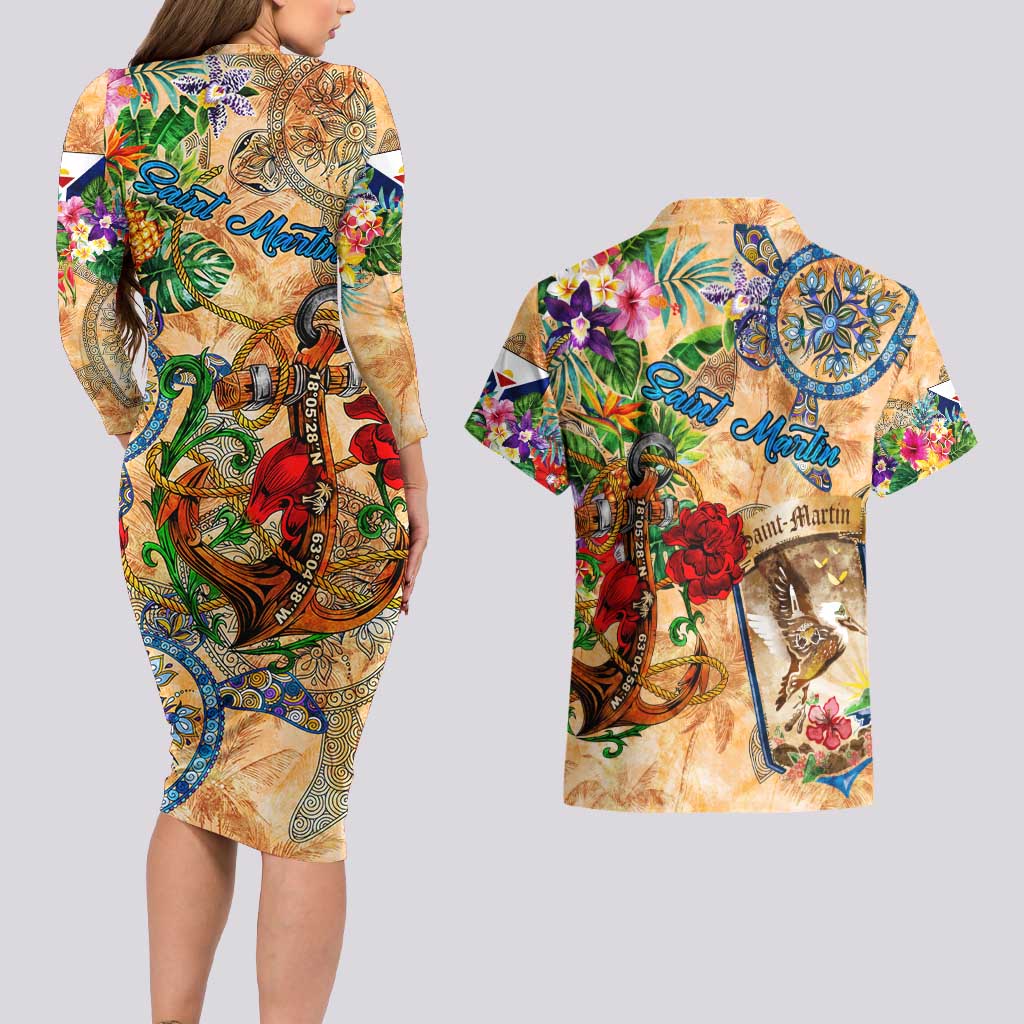 Saint Martin Couples Matching Long Sleeve Bodycon Dress and Hawaiian Shirt Geographic Coordinate Anchor - Turlte Tropical