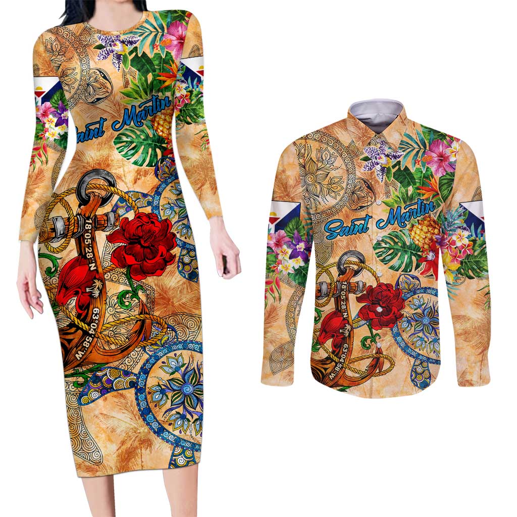 Saint Martin Couples Matching Long Sleeve Bodycon Dress and Long Sleeve Button Shirt Geographic Coordinate Anchor - Turlte Tropical