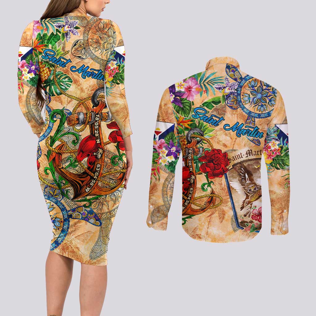 Saint Martin Couples Matching Long Sleeve Bodycon Dress and Long Sleeve Button Shirt Geographic Coordinate Anchor - Turlte Tropical
