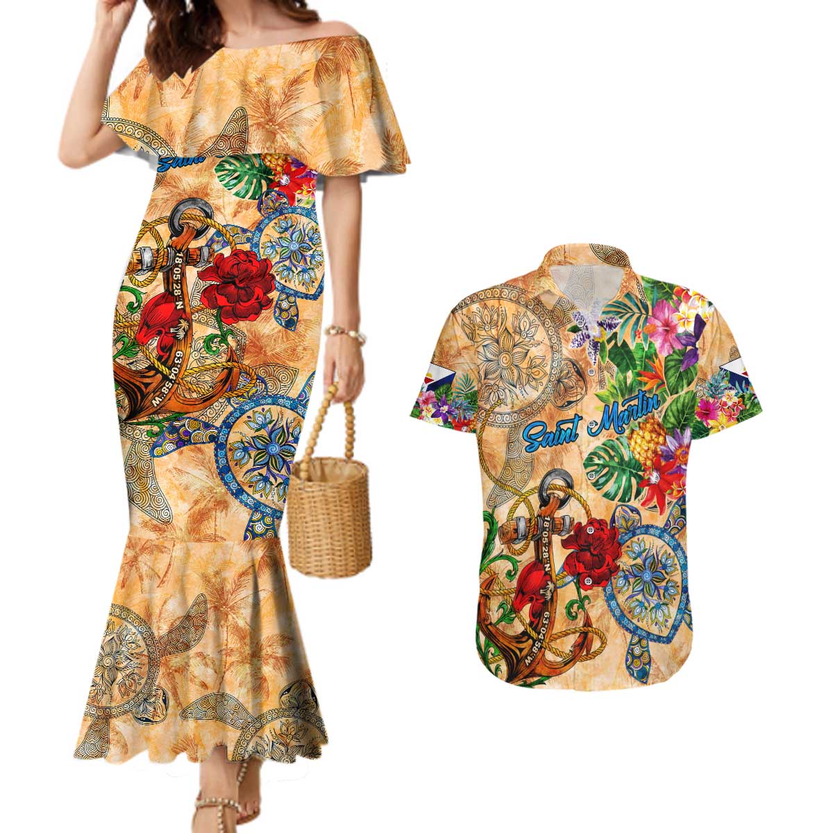 Saint Martin Couples Matching Mermaid Dress and Hawaiian Shirt Geographic Coordinate Anchor - Turlte Tropical