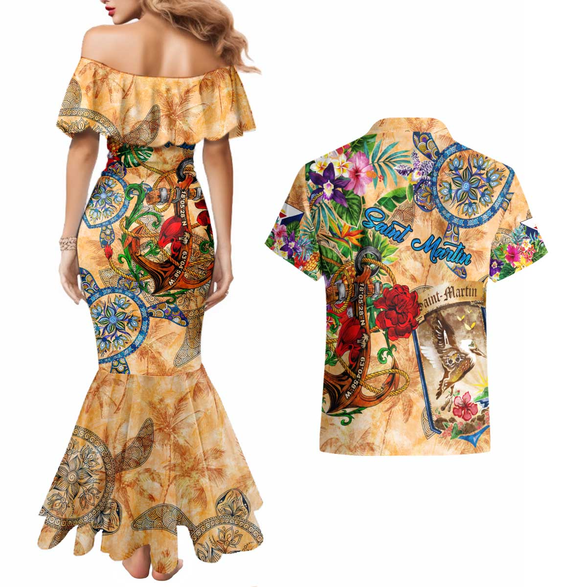 Saint Martin Couples Matching Mermaid Dress and Hawaiian Shirt Geographic Coordinate Anchor - Turlte Tropical