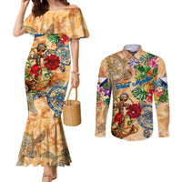 Saint Martin Couples Matching Mermaid Dress and Long Sleeve Button Shirt Geographic Coordinate Anchor - Turlte Tropical