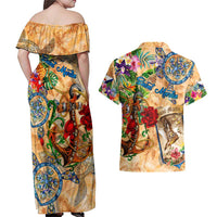 Saint Martin Couples Matching Off Shoulder Maxi Dress and Hawaiian Shirt Geographic Coordinate Anchor - Turlte Tropical