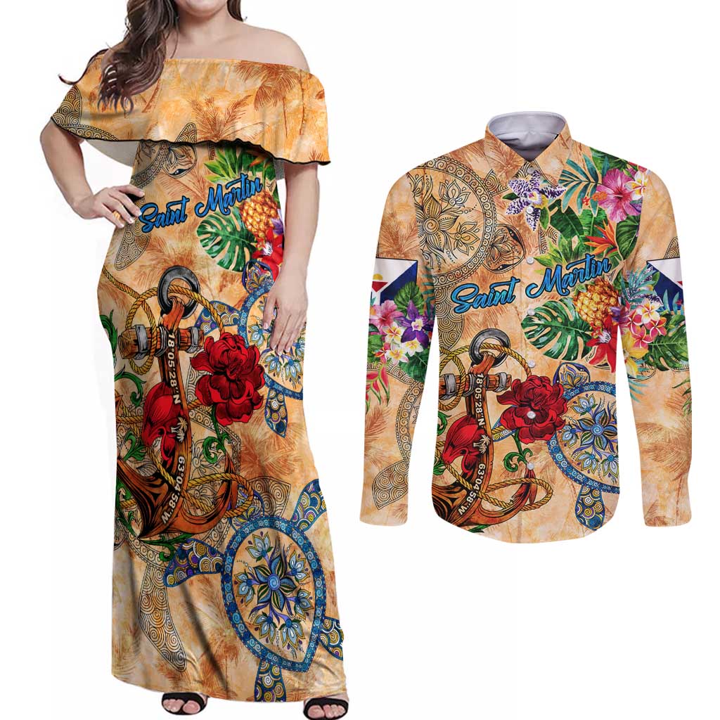 Saint Martin Couples Matching Off Shoulder Maxi Dress and Long Sleeve Button Shirt Geographic Coordinate Anchor - Turlte Tropical