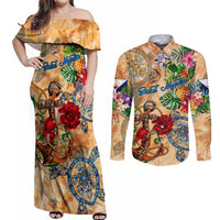 Saint Martin Couples Matching Off Shoulder Maxi Dress and Long Sleeve Button Shirt Geographic Coordinate Anchor - Turlte Tropical