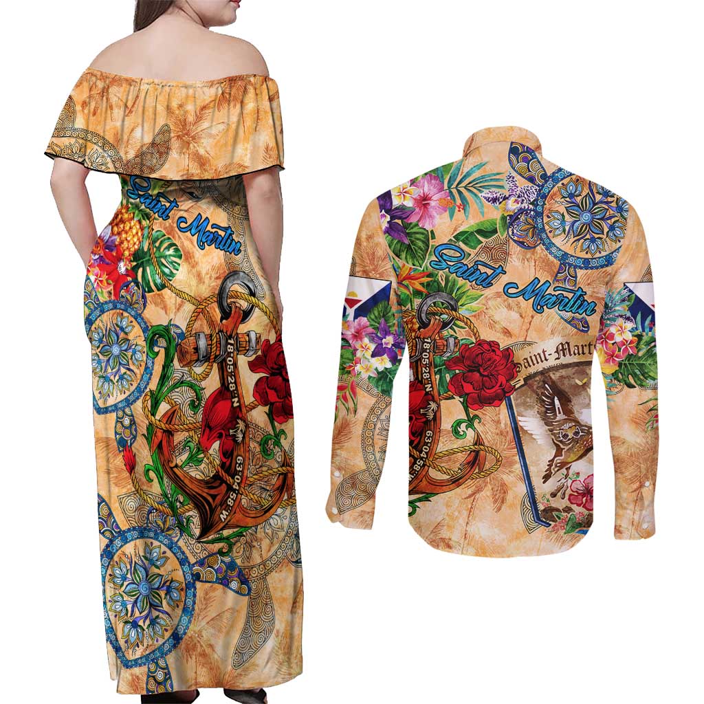 Saint Martin Couples Matching Off Shoulder Maxi Dress and Long Sleeve Button Shirt Geographic Coordinate Anchor - Turlte Tropical