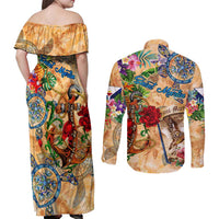 Saint Martin Couples Matching Off Shoulder Maxi Dress and Long Sleeve Button Shirt Geographic Coordinate Anchor - Turlte Tropical