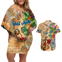 Saint Martin Couples Matching Off Shoulder Short Dress and Hawaiian Shirt Geographic Coordinate Anchor - Turlte Tropical