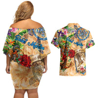 Saint Martin Couples Matching Off Shoulder Short Dress and Hawaiian Shirt Geographic Coordinate Anchor - Turlte Tropical