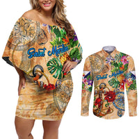 Saint Martin Couples Matching Off Shoulder Short Dress and Long Sleeve Button Shirt Geographic Coordinate Anchor - Turlte Tropical