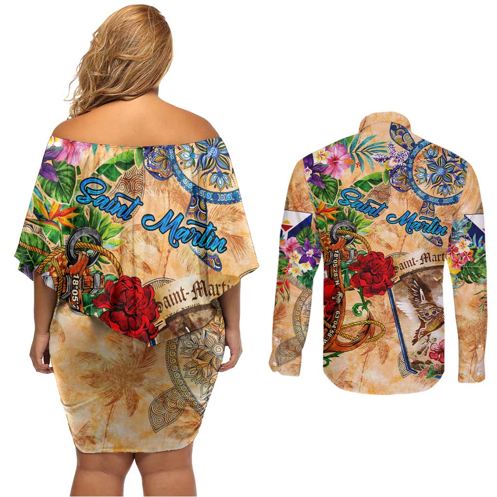 Saint Martin Couples Matching Off Shoulder Short Dress and Long Sleeve Button Shirt Geographic Coordinate Anchor - Turlte Tropical