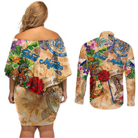 Saint Martin Couples Matching Off Shoulder Short Dress and Long Sleeve Button Shirt Geographic Coordinate Anchor - Turlte Tropical