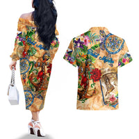 Saint Martin Couples Matching Off The Shoulder Long Sleeve Dress and Hawaiian Shirt Geographic Coordinate Anchor - Turlte Tropical