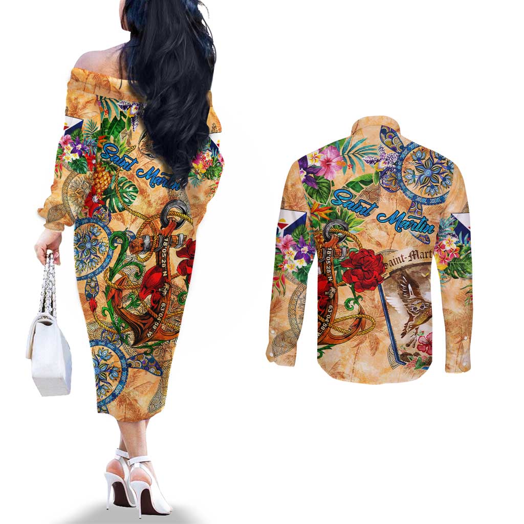 Saint Martin Couples Matching Off The Shoulder Long Sleeve Dress and Long Sleeve Button Shirt Geographic Coordinate Anchor - Turlte Tropical