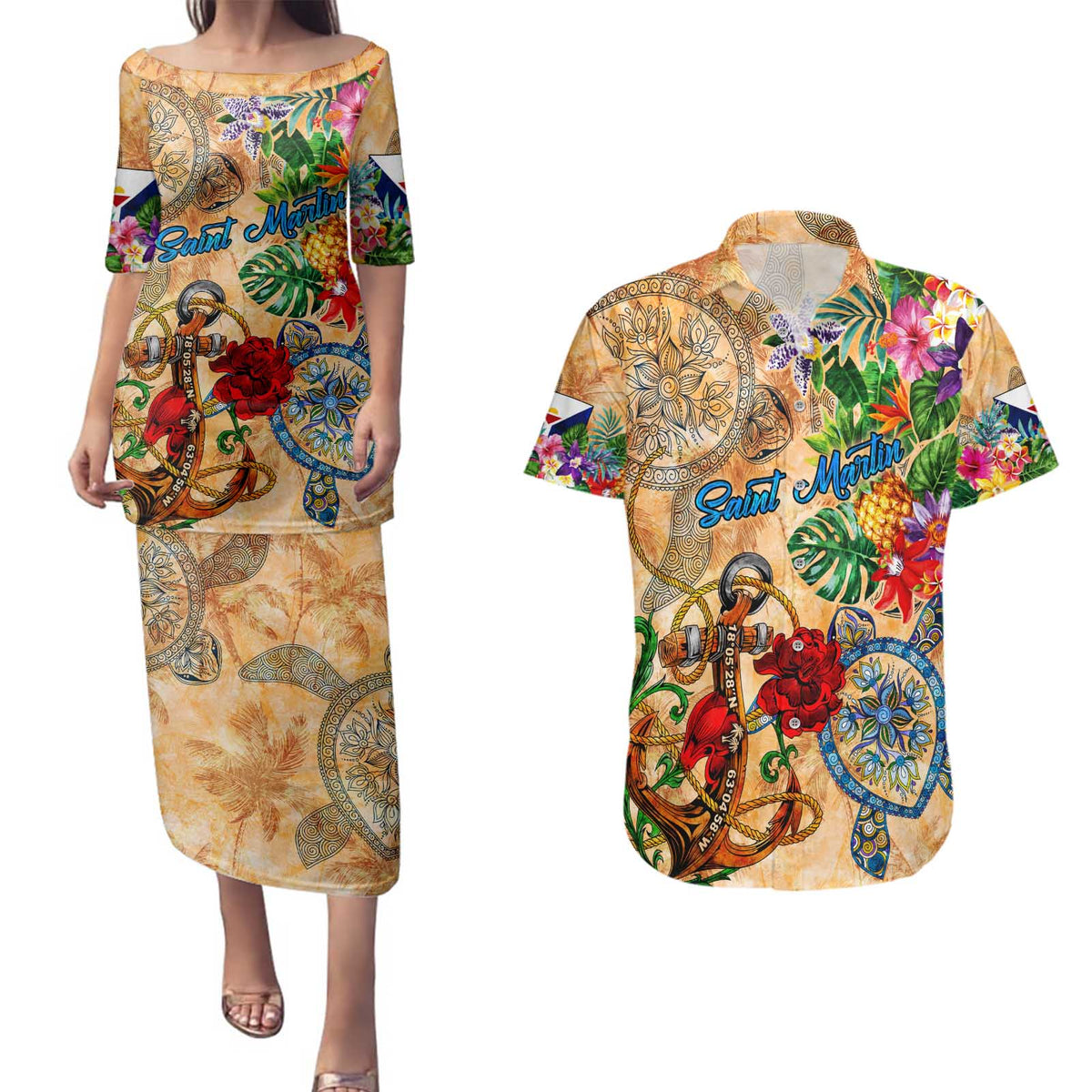Saint Martin Couples Matching Puletasi and Hawaiian Shirt Geographic Coordinate Anchor - Turlte Tropical