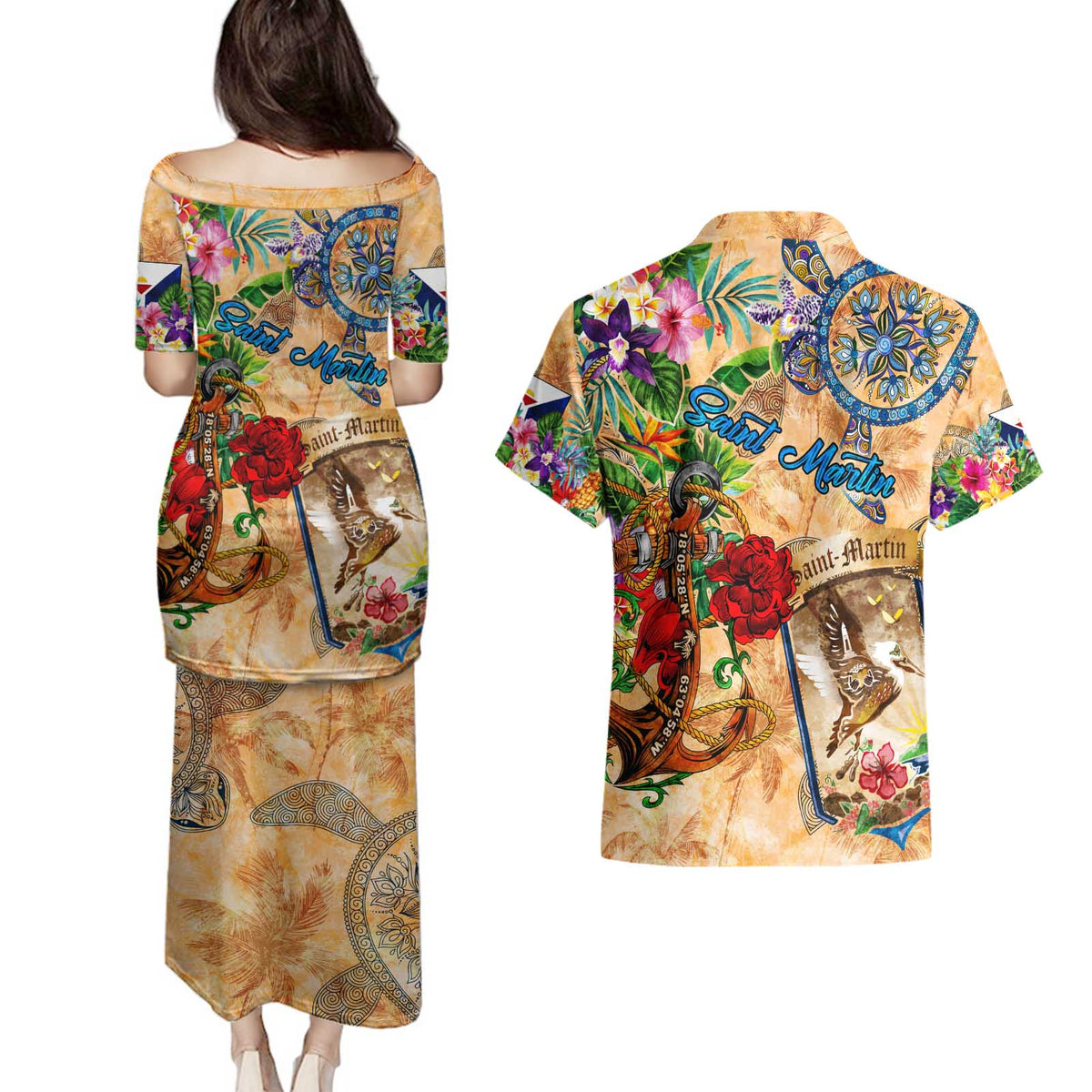Saint Martin Couples Matching Puletasi and Hawaiian Shirt Geographic Coordinate Anchor - Turlte Tropical