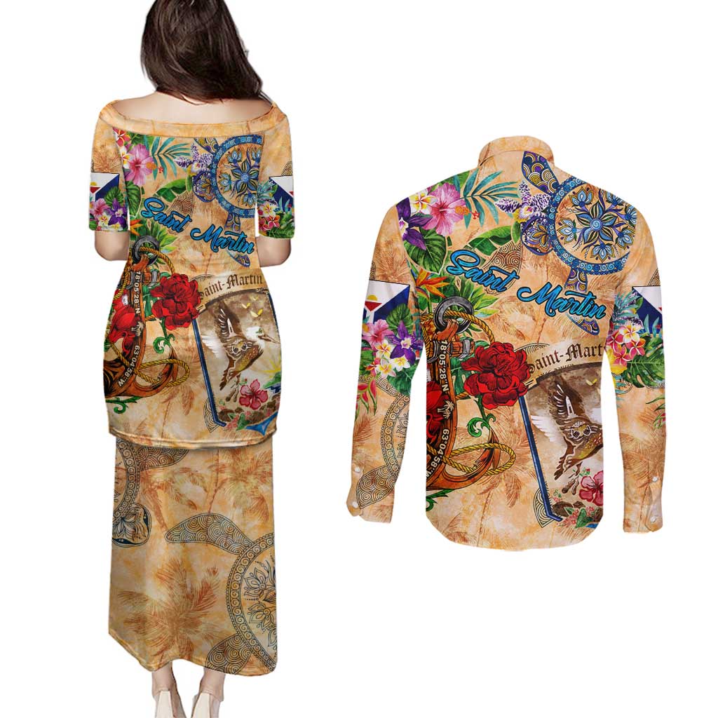 Saint Martin Couples Matching Puletasi and Long Sleeve Button Shirt Geographic Coordinate Anchor - Turlte Tropical