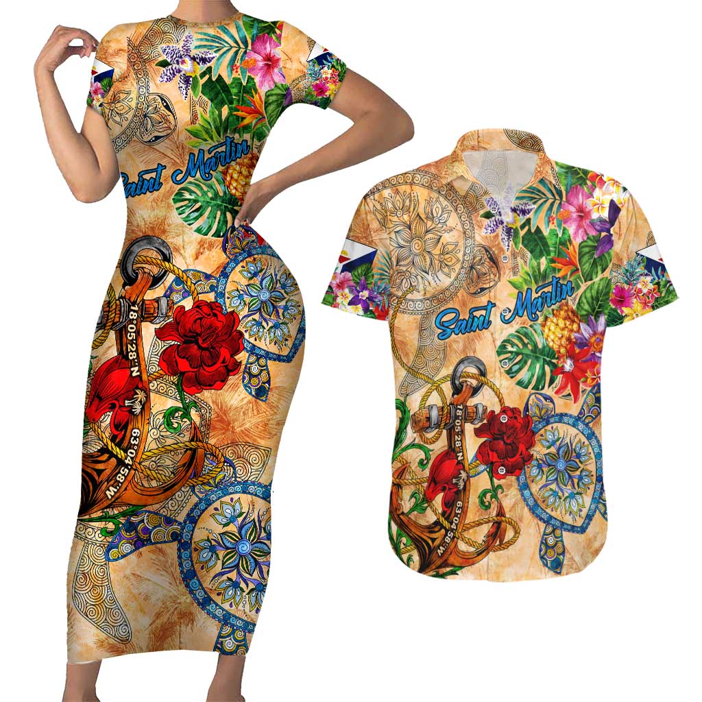 Saint Martin Couples Matching Short Sleeve Bodycon Dress and Hawaiian Shirt Geographic Coordinate Anchor - Turlte Tropical