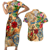 Saint Martin Couples Matching Short Sleeve Bodycon Dress and Hawaiian Shirt Geographic Coordinate Anchor - Turlte Tropical