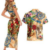 Saint Martin Couples Matching Short Sleeve Bodycon Dress and Hawaiian Shirt Geographic Coordinate Anchor - Turlte Tropical