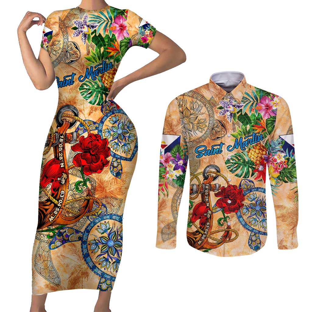 Saint Martin Couples Matching Short Sleeve Bodycon Dress and Long Sleeve Button Shirt Geographic Coordinate Anchor - Turlte Tropical