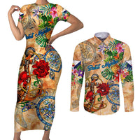 Saint Martin Couples Matching Short Sleeve Bodycon Dress and Long Sleeve Button Shirt Geographic Coordinate Anchor - Turlte Tropical