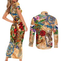 Saint Martin Couples Matching Short Sleeve Bodycon Dress and Long Sleeve Button Shirt Geographic Coordinate Anchor - Turlte Tropical