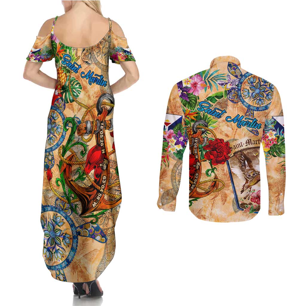Saint Martin Couples Matching Summer Maxi Dress and Long Sleeve Button Shirt Geographic Coordinate Anchor - Turlte Tropical